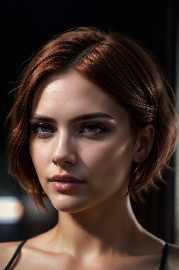A girl with reddish hair, close-up portrait, bobcut hairstyle, cowboy-style shooting, detailed eyes and face, beautiful detailed lips, extremely detailed eyes and face, longeyelashes, intricate hairstyle, cinematic lighting, dramatic contrast, hyper-realistic, 8k, best quality, (photorealistic:1.37), (masterpiece:1.2), ultra-detailed, digital art, portrait, headshot, cinematic style