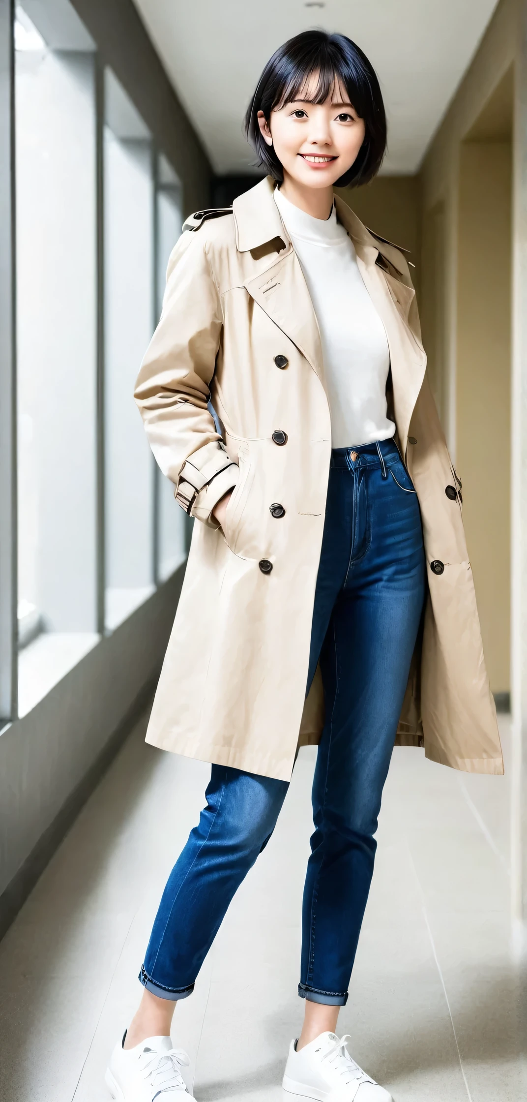 Standing woman、 Full body photo、Proportionate Body, Black Hair、Short Haircut、smile、 trench coat、Skinny jeans、 Wearing white sneakers, Looking into the camera, The background is a corridor inside the building.
