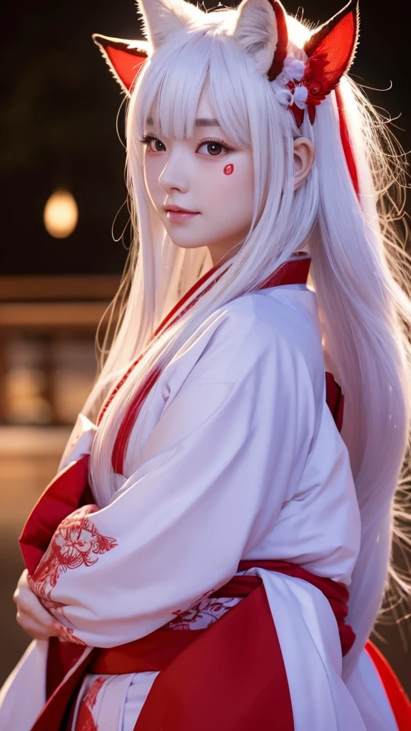 White Demon Fox、Nine-tailed Fox、Japanese women、kimono、Fair skin、Red lines on face、8K、I have long hair、night、front face