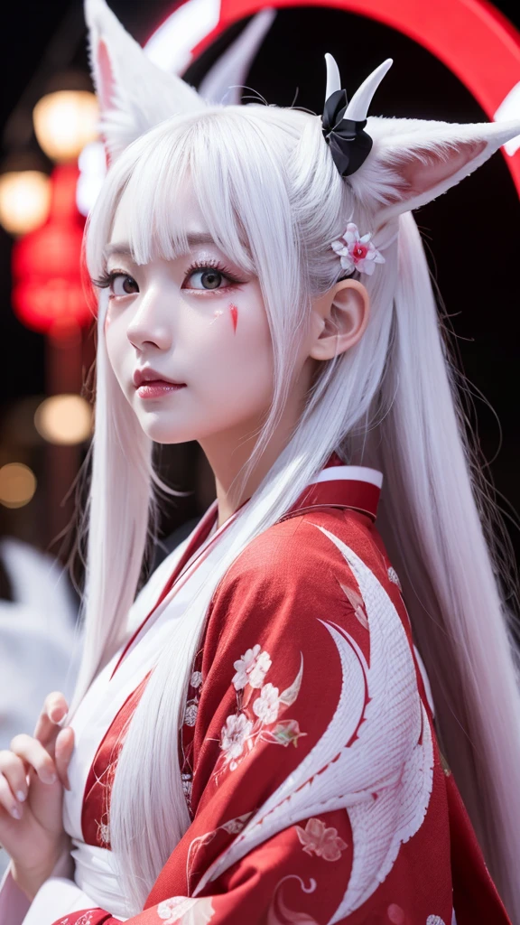 White Demon Fox、Nine-tailed Fox、Japanese women、kimono、Fair skin、Red lines on face、8K、I have long hair、night、front face