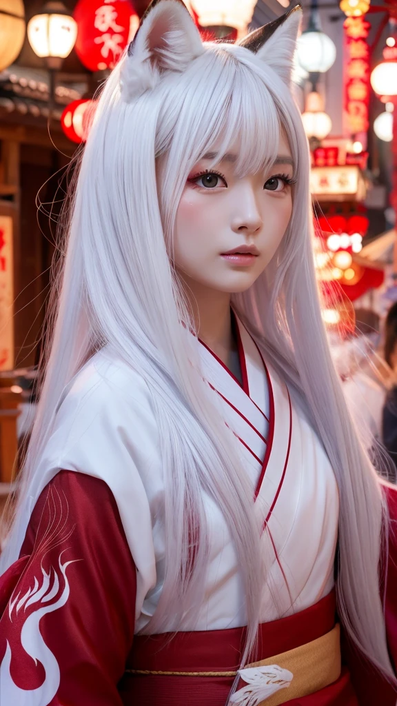 White Demon Fox、Nine-tailed Fox、Japanese women、kimono、Fair skin、Red lines on face、8K、I have long hair、night、front face