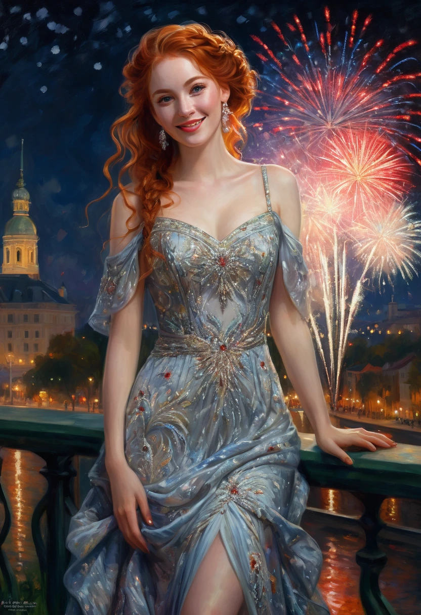 Full body view, of a beautiful red haired lady on New Year's Eve, night time outdoor background with brilliant fireworks, enigmatic smile, dimples, beautiful braided hair, beautiful embroidered dress ankle-length, heeled shoes, a masterpiece impressionist portrait, impressionist painting, konstantin razumov, pierre-auguste renoir, textured paint, detailed, realistic portrait, fine art, fantasy art, concept art, hyper detailed, hyperrealism, beautiful, detailed, ethereal, wlop,