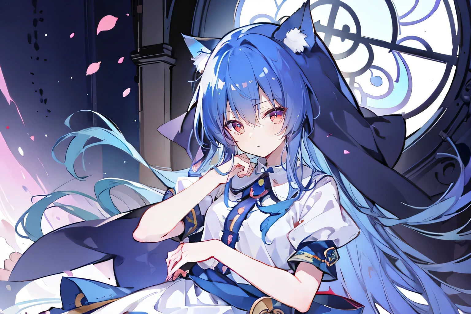 (masterpiece:1.2),Extremely detailed,Practical,expressive eyes,Fair skin,Perfect face shaping,1 Girl,
Japanese cartoons,Gorgeous blue hair, the long flowing blue hair,Floating clothes,Cat ears,Petals fall,beautiful lola,Young Angel,
Place your hands on your waist,sit elegantly on the ground,Cross your legs,Gentle and peaceful background,church,nun，Place your hand on your lips，Shy face。