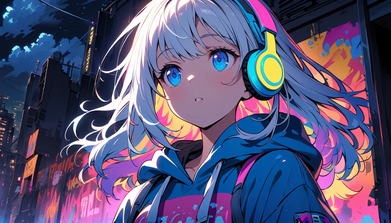 Handsome cute, Solitary, 1 female, Medium Length Hair, white hair, Rainbow hair, blue Eyes, Rainbow headphone, Futuristic, panoramic, in the night, looking away, colored hoodie, Human focus, outdoor, White clouds, graffiti Popularity spray art wall panoramic,