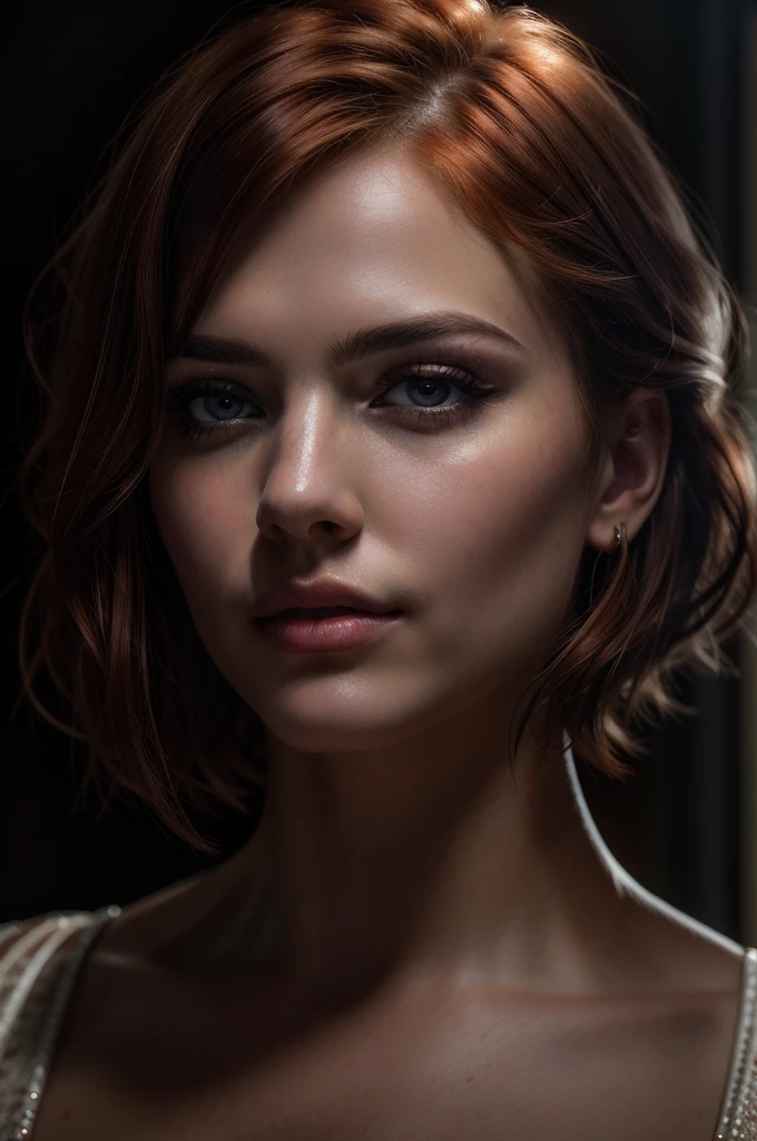 A girl with reddish hair, close-up portrait, bobcut hairstyle, cowboy-style shooting, detailed eyes and face, beautiful detailed lips, extremely detailed eyes and face, longeyelashes, intricate hairstyle, cinematic lighting, dramatic contrast, hyper-realistic, 8k, best quality, (photorealistic:1.37), (masterpiece:1.2), ultra-detailed, digital art, portrait, headshot, cinematic style