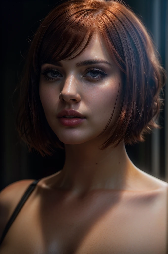 A girl with reddish hair, close-up portrait, bobcut hairstyle, full body shot, detailed eyes and face, beautiful detailed lips, extremely detailed eyes and face, longeyelashes, intricate hairstyle, cinematic lighting, dramatic contrast, hyper-realistic, 8k, best quality, (photorealistic:1.37), (masterpiece:1.2), ultra-detailed, digital art, portrait, headshot, cinematic style