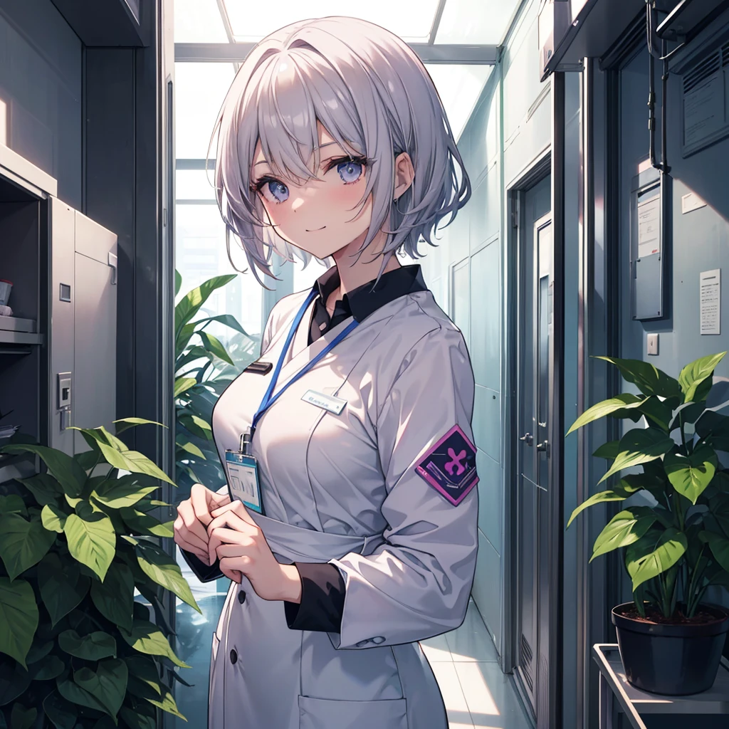 Dark black sunglasses, mustache.Display to the top of the head.one girl.solo. It should be a bust-up (from chest up) with high resolution and detailed depiction. Please create an anime-style illustration of a young nurse aide. She has soft, wavy short hair in a silver color with a subtle pink-purple tint. Her eyes are large, expressive, and blue, with a gentle yet serious expression. She is wearing light blue or white scrubs with a name tag. She is standing in a brightly lit hospital corridor, with plants and medical equipment in the background. The lighting is soft, casting gentle shadows to enhance the atmosphere. She is smiling.