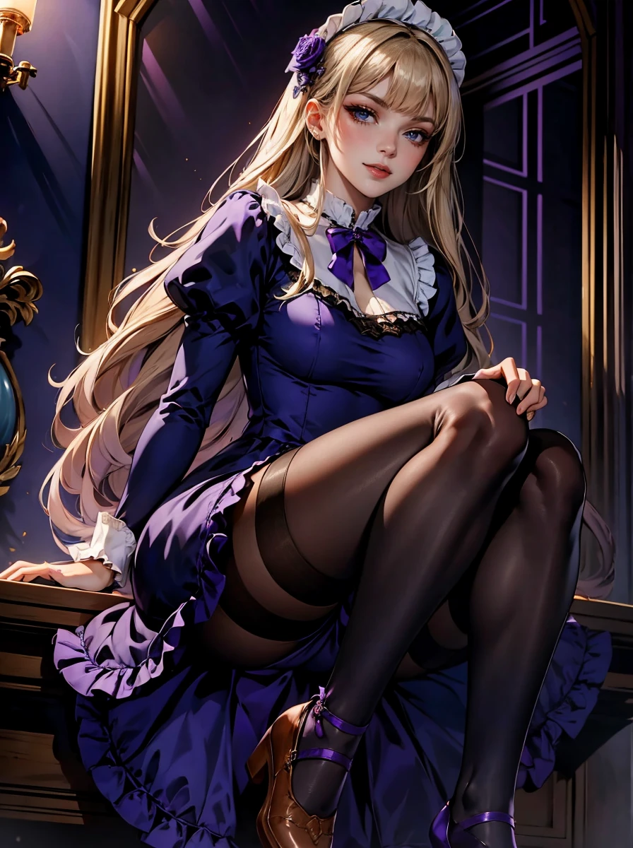 masterpiece, best quality, winter, 1girl, mature beautiful maid, bangs, blue eyes, blunt bangs, bonnet, brown footwear, blonde hair, maid dress, frills, full body, long hair, long sleeves, looking at viewer, pantyhose, black dress, purple flower, purple rose, rose, shoes, sitting, solo,