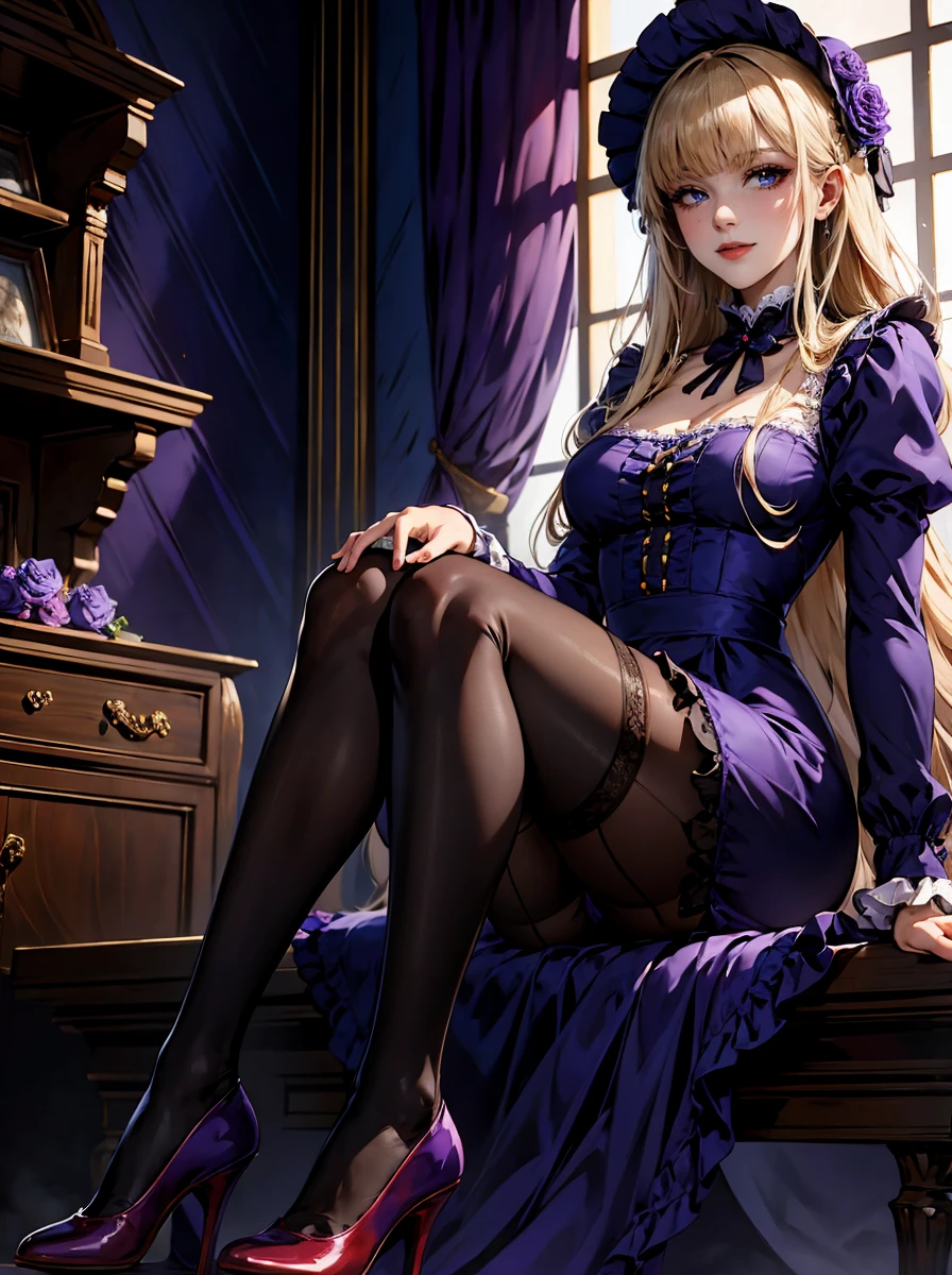 masterpiece, best quality, winter, 1girl, mature beautiful maid, bangs, blue eyes, blunt bangs, bonnet, brown footwear, blonde hair, maid dress, frills, full body, long hair, long sleeves, looking at viewer, pantyhose, black dress, purple flower, purple rose, rose, shoes, sitting, solo,