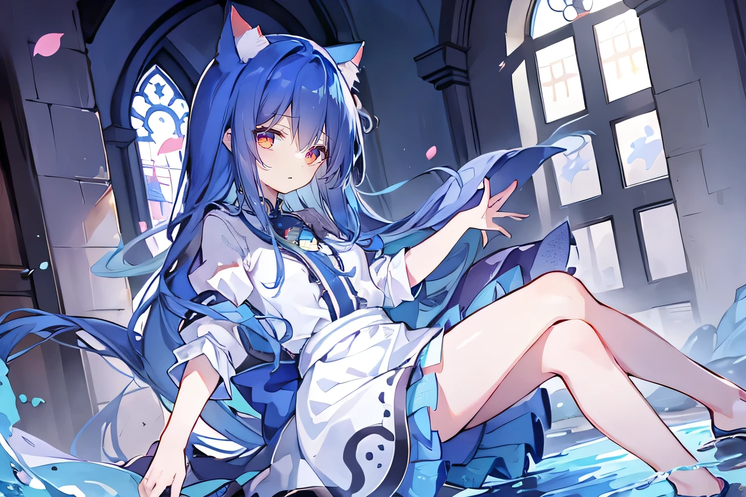 (masterpiece:1.2),Extremely detailed,Practical,expressive eyes,Fair skin,Perfect face shaping,1 Girl,
Japanese cartoons,Gorgeous blue hair, the long flowing blue hair,Floating clothes,Cat ears,Petals fall,beautiful lola,Young Angel,
Place your hands on your waist,sit elegantly on the ground,Cross your legs,Gentle and peaceful background,church,nun，Place your hand on your lips，Shy face。