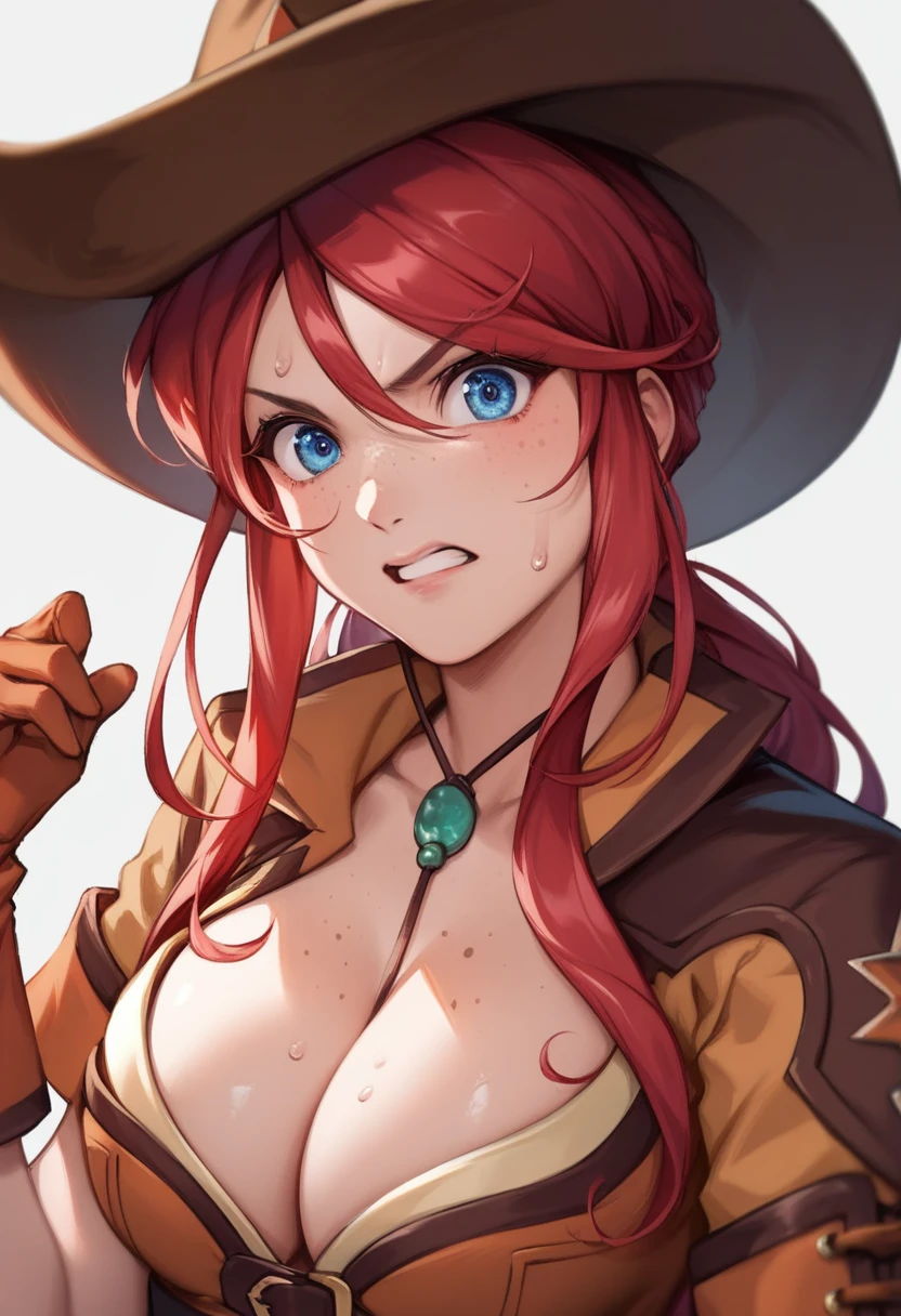 score_9, score_8_up, score_7_up, very aesthetic, source_anime, detailed, high quality, beautiful, masterpiece, detailed eyes,
Simple dark background, blurry background,
cowboy shot, upper body, close-up, (angry facial expression), (shocked eyes), teeth clenched, strain, sweat,
gemini sunrise, red hair, long hair, blue eyes, freckles, sidelocks, big breasts, cleavage,
belt, thigh strap, cowboy hat, cowboy boots, fringe trim, gloves, miniskirt, zPDXL