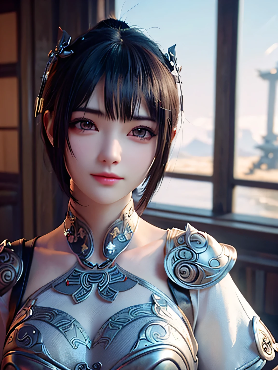 Masterpiece,Game art,Best quality,Highest resolution,8K,(Portrait),Unreal Engine 5 rendering work,(Digital photo),((Portrait Feature:1.5)), 20-year-old girl,Short hair detail,With long bangs,(Red eye makeup is really meticulous),(With long gray hair:1. 4),(Big size, full breasts),Elegant and noble,Brave and charming,(Futuristic armor combining the features of ancient Chinese armor,Hollow design,Power armor,Mysterious eastern runic characters,Delicate dress pattern,Magical flashes),Future warrior,Cyberpunk figure,War background,Movie lighting,Ray tracing,Game CG,((3D Unreal Engine)),OC rendering reflection pattern
Information.