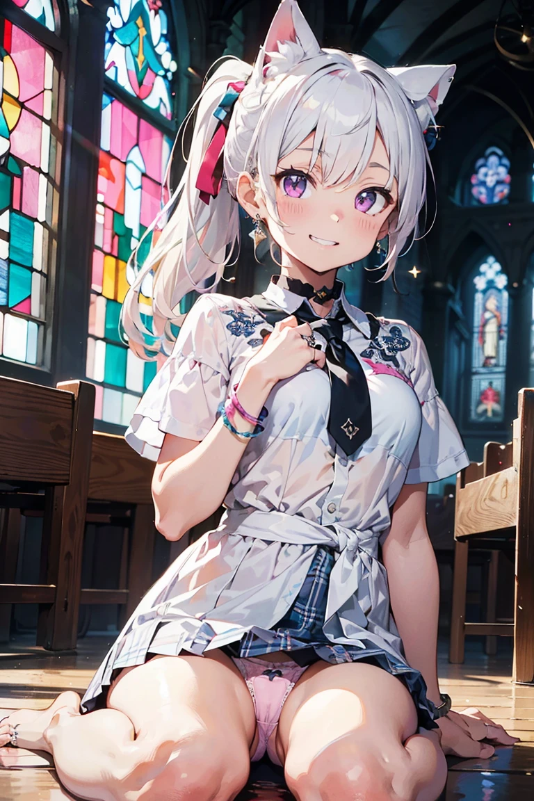 (((masterpiece))), (((Highest quality))), ((Very detailed)), ((Very detailedなイラスト)), ((Ultra-fine painting)), (16K Highest quality wallpaper:1.4), (Detailed and elaborate illustration style,:1.8) Detailed skin texture, High quality fabric, , (T-masterpiece), (Very detailedな顔:1.4), original, RAW Photos, Professional, Intricate details, Very detailed, Direct sunlight:1.6, ,(Cowboy Shot:1.9)、(Perfect Anatomy:1.4), (Extremely elaborate hands:1.2), (Very elaborate fingers:1.2), (Very elaborate fingers先:1.2),, (alone:1.6), (beautiful and adorable cat ears:1.6), (Intricate and delicate white cat ears:1.5), (beautiful, Shiny white hair:1.6), (Very thin and delicate white hair:1.4),, (Very detailedな顔:1.4),(Light purple eyes:1.6),(smile:1.4),(ponytail:1.7),(wariza:1.9), bangs, black choker, black tie, blonde, blue skirt, blush, bracelet, chest, choker, clothes Surrounding area waist, clavicle, collared shirt, Cowboy Shot, dress shirt, ear Earrings, Eyebrows visible through hair, Gradient Hair, Grin, Improve, jewelry, Kogal, Long Hair, View your audience, loose tie, tie, Earrings, Plaid, Plaid skirt, pleated skirt, Red eyes, ring, , shirt, skirt, smile, alone, white shirt, street, null, ((((Church with stained glass))))shape, (((Wedding dress)))、woman, Vibrant, Costumes, stop temporarily, front, colorful, dynamic, background, element, Be confident, performance, Holding, statement, accessories, Majestic, Coiled, Surrounding area, touch, scene, article, cover, bold, to attract attention, stylish,big, impressive, Modern, tendency, concentrate, fashion,(((chestの谷間)))、(((Pink Panties)))、