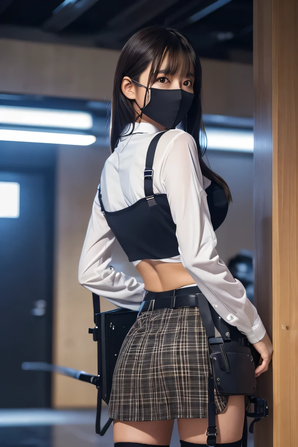 masterpiece, high-detail, the most erotic strict teacher in the world, (UHD, 8K wallpaper, High resolution), Cinematic lighting, physically-based rendering, award-winning, extremely detailed skin, extra detailed face, high detail eyes, Carl Zeiss 85 mm F/1.4, by Ellen von Unwerth, asian, covid mask, age 26, long black hair, medium boobs, camel toe, legs open, stockings, covid mask, (pvc covid mask), (red biohazard symbol on either side of covid mask), short pleated skirt, legs open, ( black thong slightly visible under pleated skirt ), blouse, pvc neck tie,( spiked leather collar ), ( Holding riding cane ), eyeliner, ( black eyeliner under eyes ), legs open, ( abandoned empty classroom ) ( abandoned empty school ), stockings, garter, thigh high boots, holding a cane or riding crop, stockings