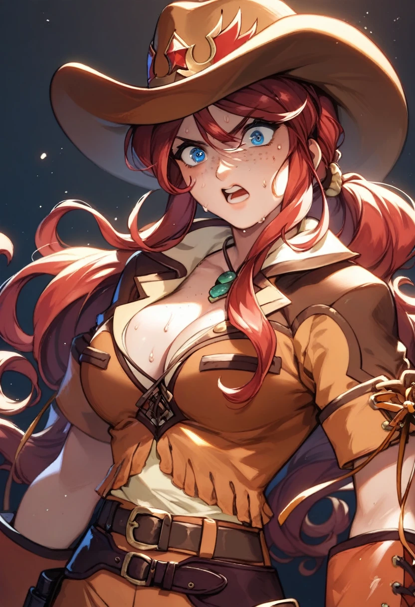 score_9, score_8_up, score_7_up, very aesthetic, source_anime, detailed, high quality, beautiful, masterpiece, detailed eyes,
(Simple dark background), blurry background,
Close-up, upper body, (angry facial expression), clenched teeth, sweat, facing the viewer, looking at the viewer, view from below,
gemini sunrise, red hair, long hair, blue eyes, freckles, sidelocks, big breasts, cleavage,
cowboy hat, fringe trim, zPDXL
