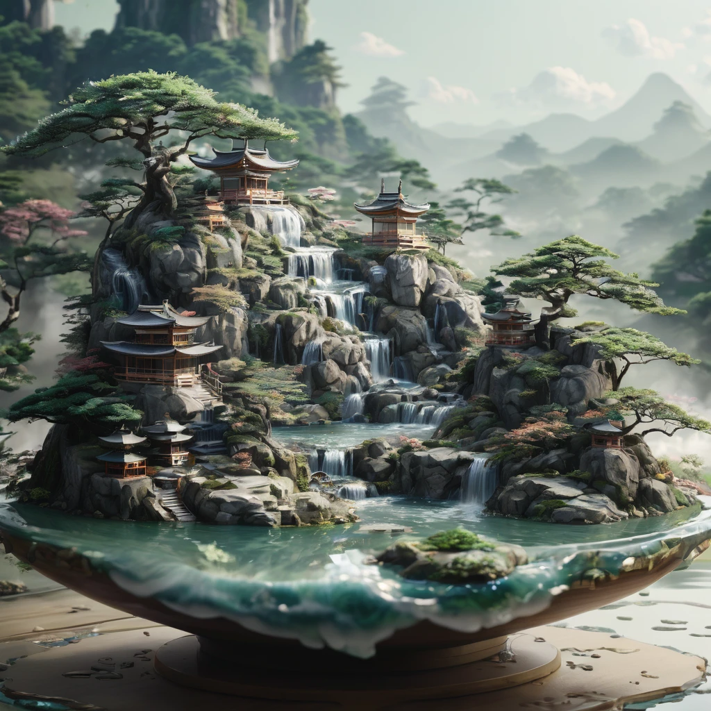 there is a large bowl with a waterfall in it, japonisme 3 d 8 k ultra detailed, 4k highly detailed digital art, highly detailed digital artwork, incredibly high detailed, highly detailed digital art, 8k high quality detailed art, 4 k highly detailed art, digital painting of a pagoda, highly detailed 4 k art, 8 k highly detailed art