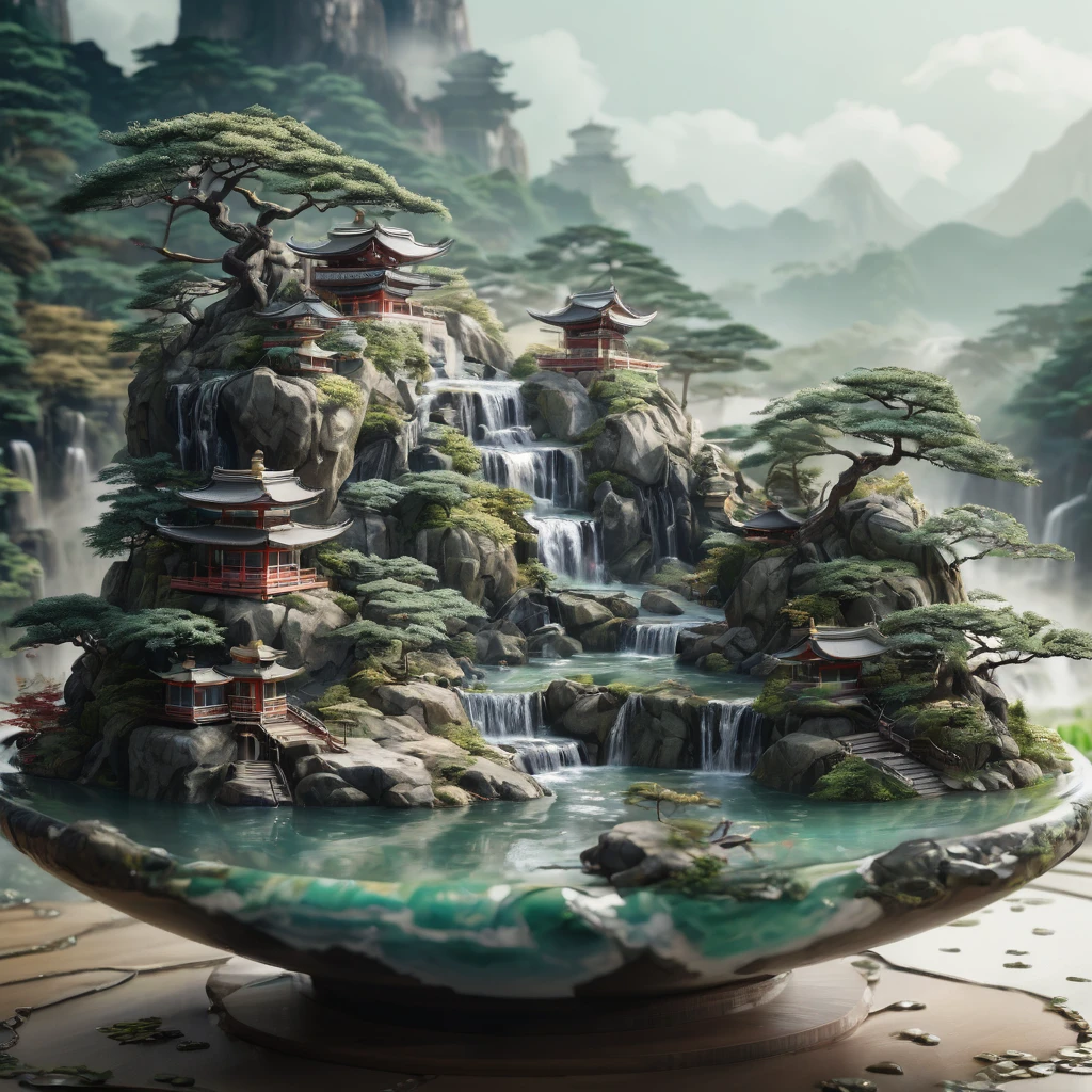 there is a large bowl with a waterfall in it, japonisme 3 d 8 k ultra detailed, 4k highly detailed digital art, highly detailed digital artwork, incredibly high detailed, highly detailed digital art, 8k high quality detailed art, 4 k highly detailed art, digital painting of a pagoda, highly detailed 4 k art, 8 k highly detailed art