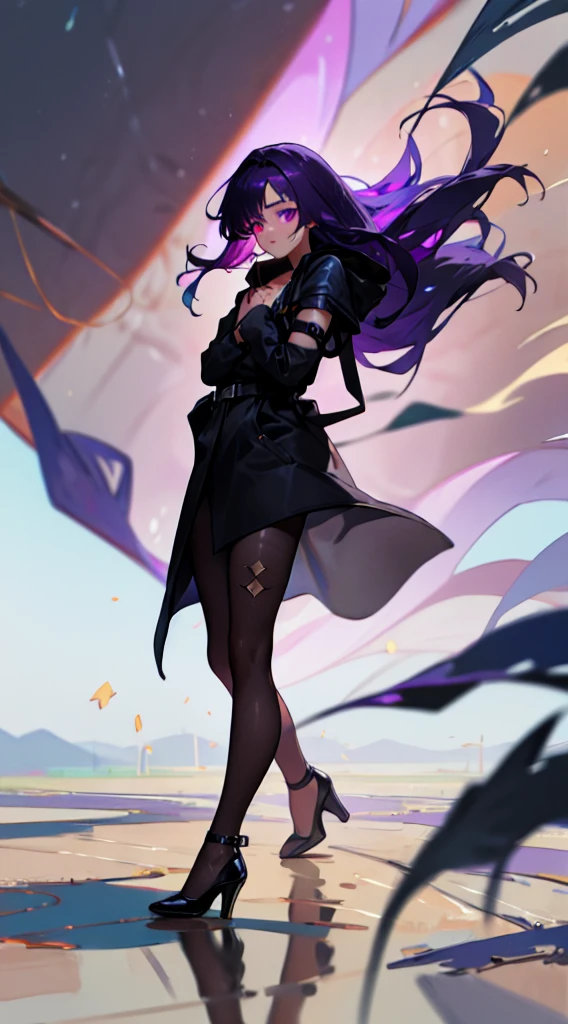 ((masterpiece)), best quality, 8k, high quality, high resolution, super detail, ultra-detailed, photorealistic, ordinary and finely detailed face and eyes, ultra-detailed and detailed skin texture, purple eyes, perfect face, 1 girl, long dark purple hair , one eye hidden behind the hair (black coat , purple tights, black heels), purple eyes, athletic figure, muscles, medium chest, (chest strap, shoulder strap:1.15) , , , calm facial expression, twilight, magical forest landscape,