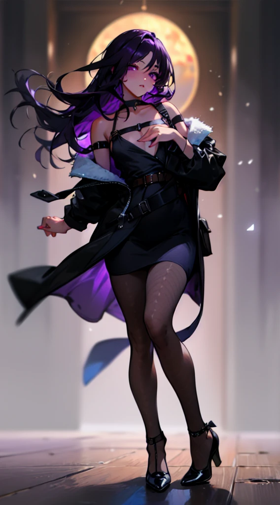 ((masterpiece)), best quality, 8k, high quality, high resolution, super detail, ultra-detailed, photorealistic, ordinary and finely detailed face and eyes, ultra-detailed and detailed skin texture, purple eyes, perfect face, 1 girl, long dark purple hair , one eye hidden behind the hair (black coat , purple tights, black heels), purple eyes, athletic figure, muscles, medium chest, (chest strap, shoulder strap:1.15) , , , calm facial expression, twilight, magical forest landscape,