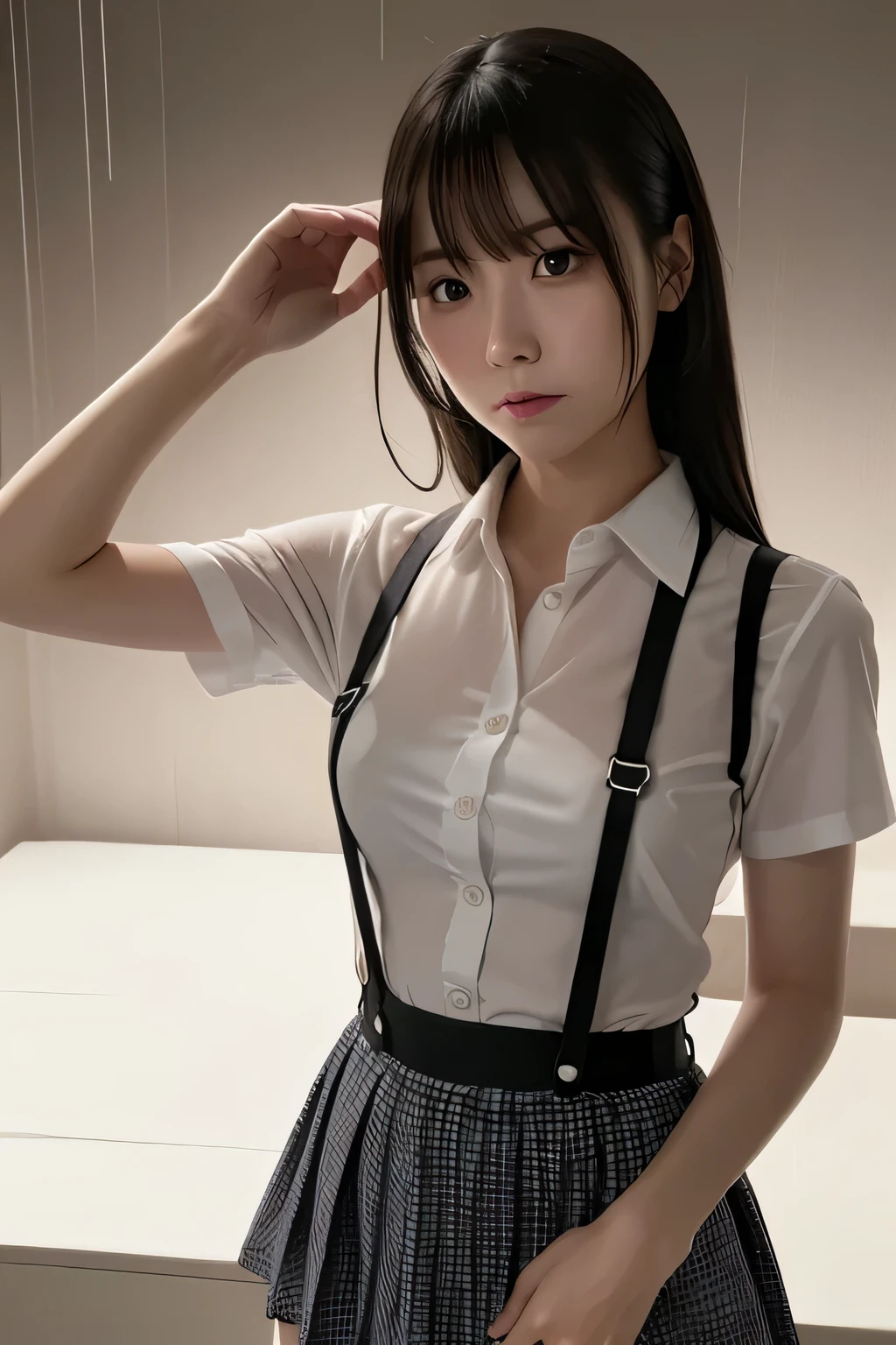 1 female, , high quality, masterpiece, Ultra-high resolution, Cinema Lighting, 1 female, , high quality, masterpiece, Ultra-high resolution, , Cinema Lighting, suspenders　　　Moderate breasts　 　 　　　　　 　　　　Small face　 　　　　　　　　　　　Looking up　　　　Sweat 　　　Thin belt　buzzer　脇Sweat 　　　　 　Garter belt　　Belt on pants　　holster　 　　Hands behind your back　 　Looking up　Anxious face　Knee-high　Knee socks　Knee-highソックス 　garter　ふとももにGarter belt　Checkered mini skirt　 　　Panty shot　Skirt gap Armament　　　Leg holster　holster 　　Hands behind your back　 Anxious expression　　Anxious face, legs apart　Armament　　Leg holster　holster　See-through clothing　heavy rain　Rain-soaked dress shirt, Black mask
