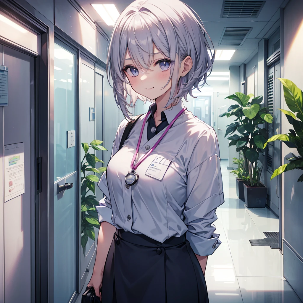 Dark black sunglasses, mustache.Display to the top of the head.one girl.solo. It should be a bust-up (from chest up) with high resolution and detailed depiction. Please create an anime-style illustration of a young nurse aide. She has soft, wavy short hair in a silver color with a subtle pink-purple tint. Her eyes are large, expressive, and blue, with a gentle yet serious expression. She is wearing light blue or white scrubs with a name tag. She is standing in a brightly lit hospital corridor, with plants and medical equipment in the background. The lighting is soft, casting gentle shadows to enhance the atmosphere. She is smiling.