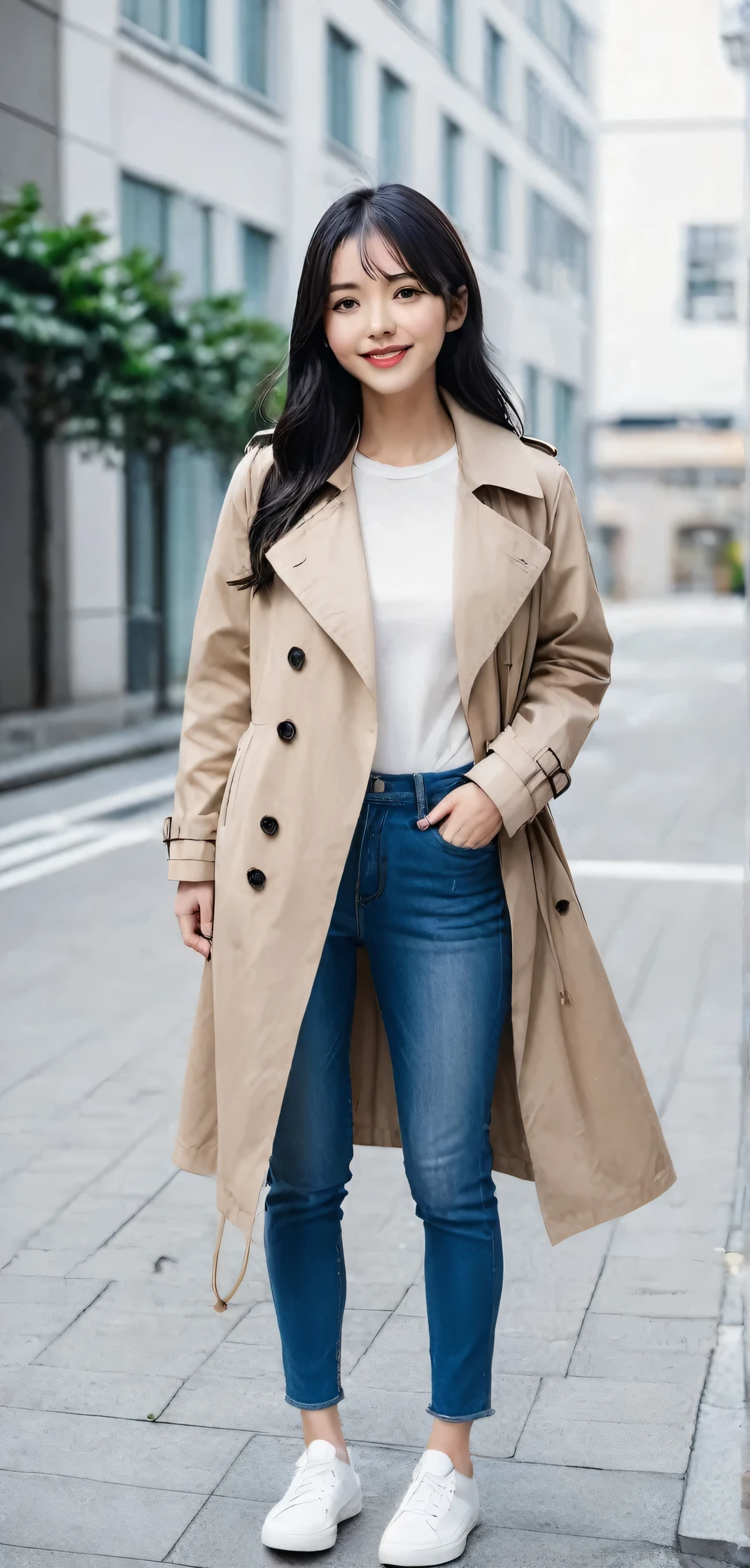Are standing woman、Full body photo、, Black Hair, smile、trench coat、Skinny jeans、 Wearing white sneakers, Looking into the camera, Are standing, The background is the building's corridor.