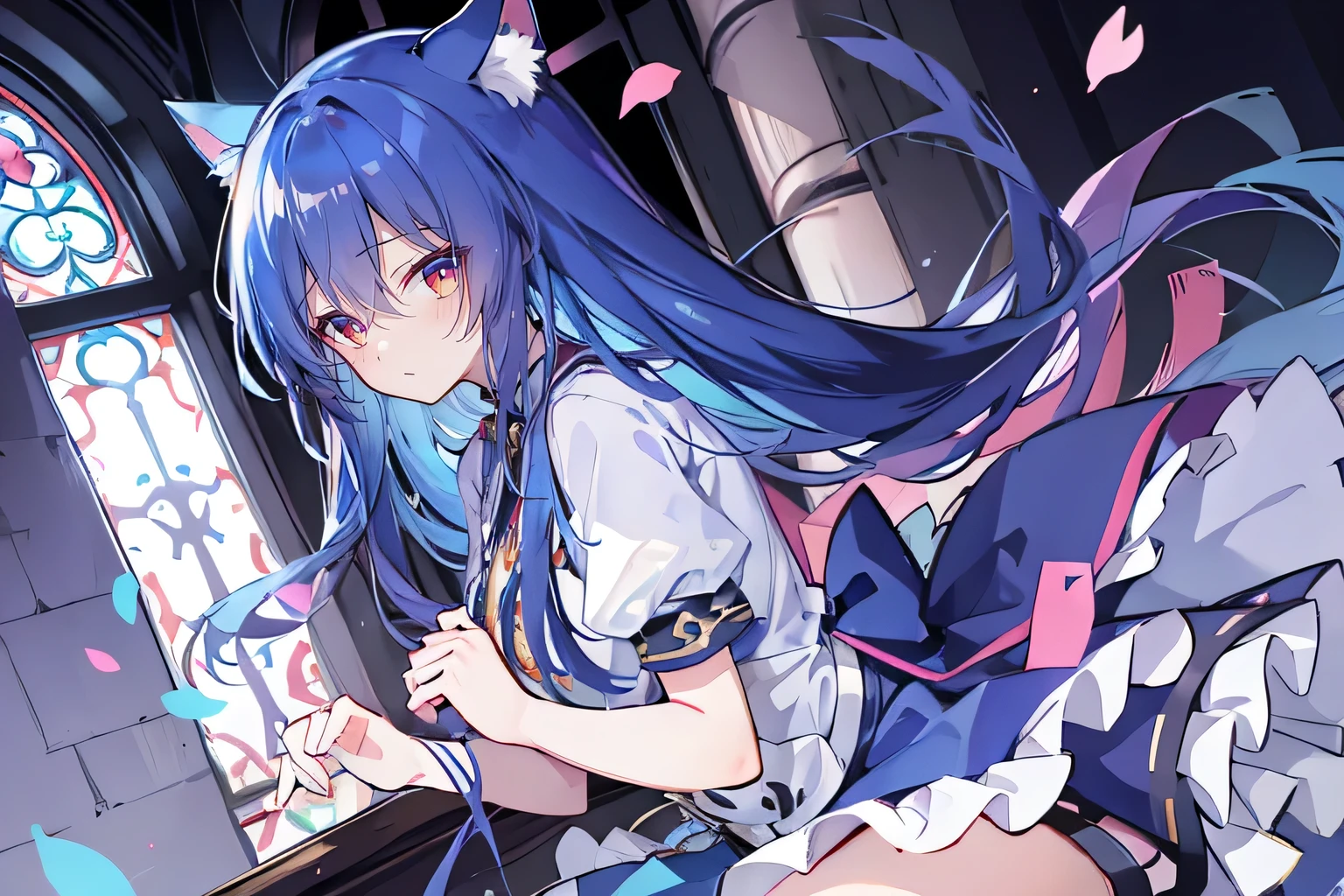 (masterpiece:1.2),Extremely detailed,Practical,expressive eyes,Fair skin,Perfect face shaping,1 Girl,
Japanese cartoons,Gorgeous blue hair, the long flowing blue hair,Floating clothes,Cat ears,Petals fall,beautiful lola,Young Angel,
Place your hands on your waist,sit elegantly on the ground,Cross your legs,Gentle and peaceful background,church,nun，Place your hand on your lips，Shy face。