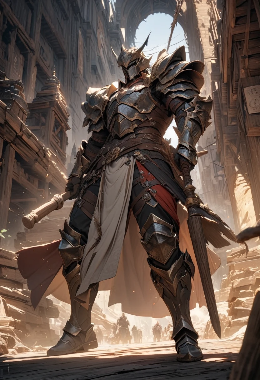 masterpiece, 8k, best quality, highly detailed, a human male sage wielding a two handed hammer & a set of armor made of wood