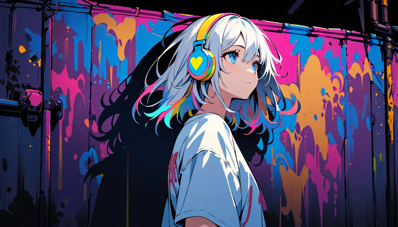 Handsome sexy, Solitary, 1 female, Medium Length Hair, white hair, Rainbow hair, blue Eyes, Rainbow headphone, Futuristic, panoramic, in the night, looking away, Big white t-shirt Human focus, outdoor, White clouds, graffiti Popularity spray art wall panoramic,