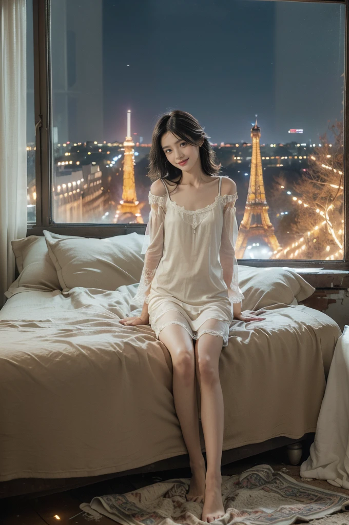 (((best quality))), (((ultra detailed))), (((masterpiece))), illustration,((a beautiful girl,solo)),(long straight bob:0.8),((slim,thin)),((small breasts,flat chest)),(torn tattered short-sleeved sheer nightgown:1.3),(slender legs:1.2),(loafers:1.2),(delicate skin:1.2), ,(in dark dilapidated bedroom:1.3),(rundown hotel:1.3),((faded walls, peeling paint, dusty carpet)),(standing:1.3),(arms behind back:1.5),(bed:1.3),((window, city view, weak lights)),(majestic Eiffel Tower:1.3),(smile:1.2), tranquility, rough surroundings, edgy beauty,detailed eyes, hidden fire,(summer:1.2),(night scene:1.5),((from front,full body))