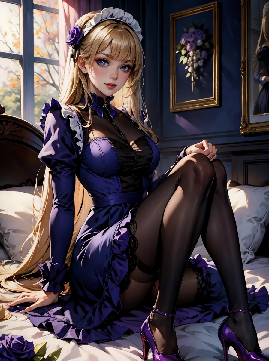 masterpiece, best quality, winter, 1girl, 30 years old, mature beautiful maid, bangs, blue eyes, blunt bangs, bonnet, brown footwear, blonde hair, maid dress, frills, full body, long hair, long sleeves, looking at viewer, pantyhose, black dress, purple flower, purple rose, rose, shoes, sitting, solo, on bed