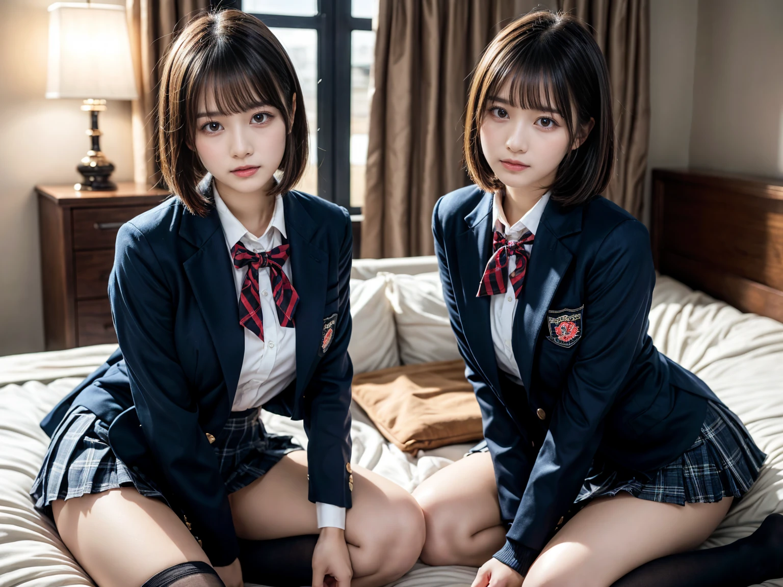 (8K, Raw photography, top-quality, masterpiece:1.2), master piece, best quality, illustration, Super detailed, fine details, High resolution, 8K,wall paper, perfect dynamic composition,(Details High quality, realistic depiction of eyes:1.3), ((2 girls, 2 schoolgirls)), The background is a luxury hotel room、High school girl uniform、blazer 、Super Short Check Uniform Skirt、Navy blue high socks、garterbelts、Colossal tits、Disturbed uniform, Play with each other,Touching each other's bodies,Touching the body of the girl next door, short bob hair, black hair color, huge breasts, Big Natural Color Lip, bold sexy pose, (perfect body shape), crying a little、cold gaze, Beautiful makeup,glitter makeup,Cutest 18 years old, beautiful legs, hposing Gravure Idol, Voluptuous thighs