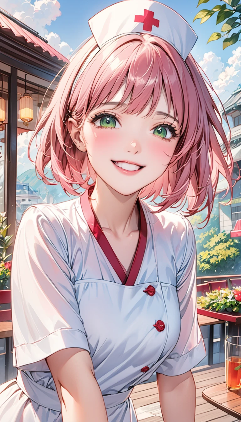 Short pink hair，Green eyes，1 girl，White nurse uniform，No hat，There is a white bow on the head，floating long dress，Upper Body，Facing the camera，Happy expression，Joyful atmosphere，Close-up of face，HD face，high quality，Open-air restaurant，