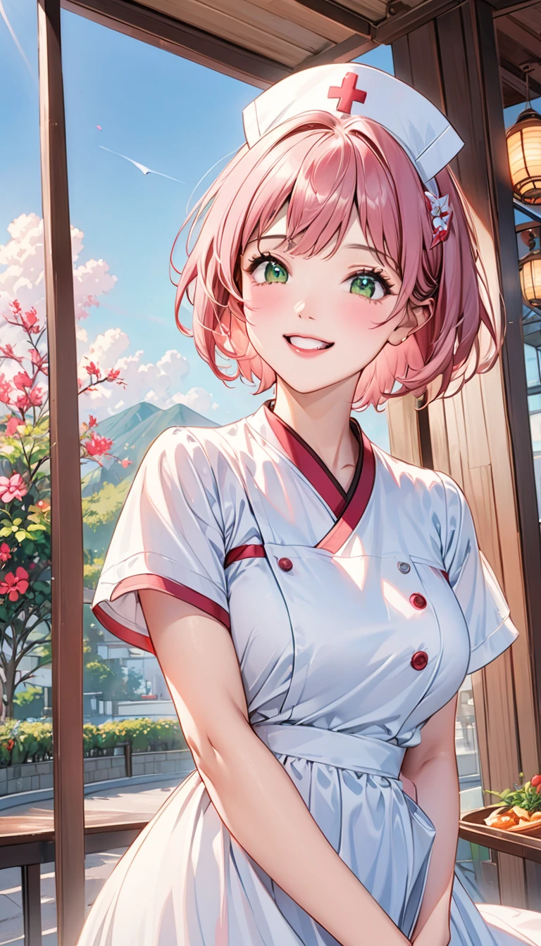 Short pink hair，Green eyes，1 girl，White nurse uniform，No hat，There is a white bow on the head，floating long dress，Upper Body，Facing the camera，Happy expression，Joyful atmosphere，Close-up of face，HD face，high quality，Open-air restaurant，