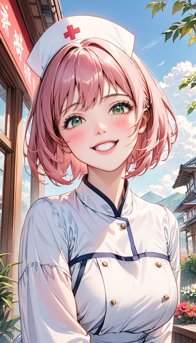 Short pink hair，Green eyes，1 girl，White nurse uniform，No hat，There is a white bow on the head，floating long dress，Upper Body，Facing the camera，Happy expression，Joyful atmosphere，Close-up of face，HD face，high quality，Open-air restaurant，