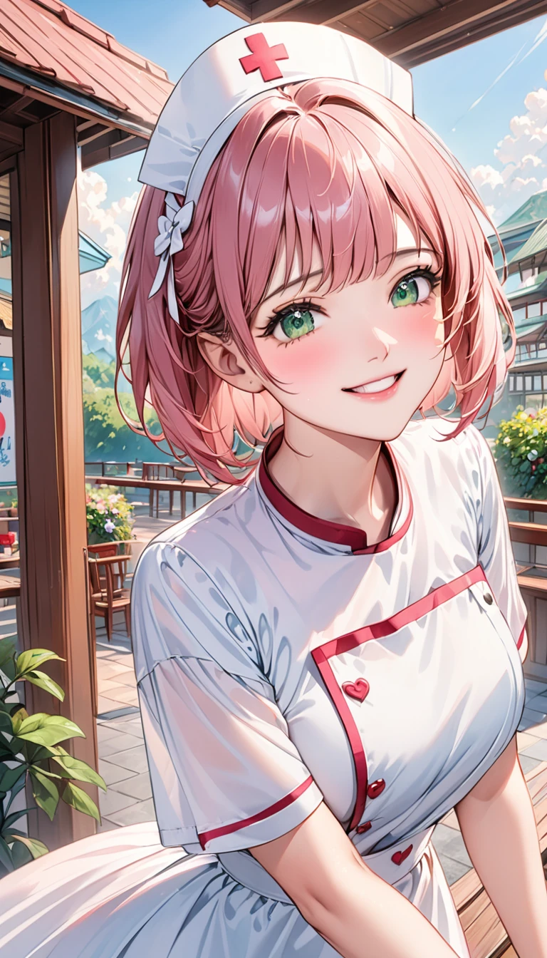 Short pink hair,Green eyes,1 girl,White nurse uniform,No hat,There is a white bow on the head,floating long dress,Upper Body,Facing the camera,Happy expression,Joyful atmosphere,Close-up of face,HD face,high quality,Open-air restaurant,