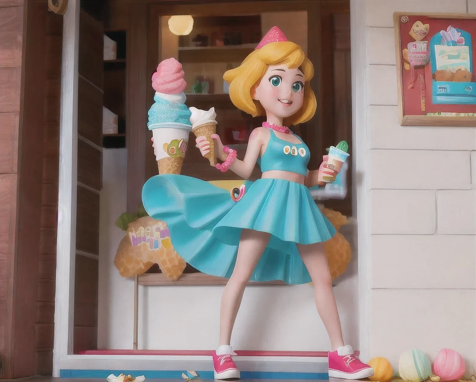 girl in a bikini eating an ice cream cone, eating ice cream, in a bikini, angela white, giorgia meloni, katy perry, in bikini, eating ice - cream, wearing spandex bikini, ice cream on the side, bikini, ice cream, wearing a bikini, candid photo of dirty, shiny plastic bikini, candid shot, cone, 1 girl, solo,in a green dress standing by a wall,portrait of female idol