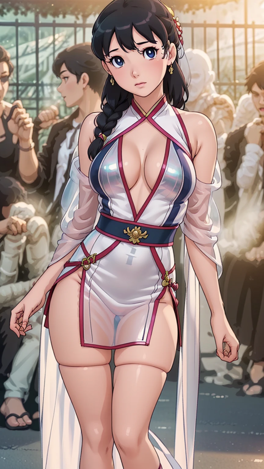 (Hyperrealistic), (illustration), (high resolution),shizuka, (8K), (Extremely detailed), (Best Illustration), (Beautiful detailed eyes), (Best quality), (Ultra-detailed), (Masterpiece), (the wallpaper), (Photorealistic), (Natural light), (rim lit), (Detailed face), (Highly detailed realistic skin textures), (Anatomically correct), (Solo), (1 girl), (high detailed realistic hair),, spiked hair, (Heterochromic eyes), (detailed eyes), (Realistic big breasts:1.5), (Exposed breasts:1.3), (Long legs), (Slender abs), (Dynamic pose), (Closed mouth:1.3), (traditional Hanfu attire), (Sheer clothes:1.5), NSFW,nakeness