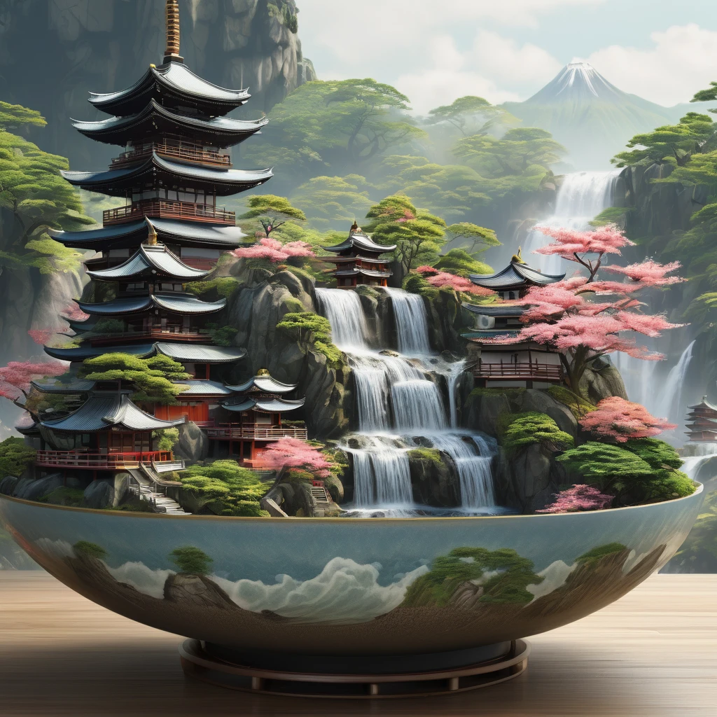 there is a large bowl with a waterfall in it, japonisme 3 d 8 k ultra detailed, 4k highly detailed digital art, highly detailed digital artwork, incredibly high detailed, highly detailed digital art, 8k high quality detailed art, 4 k highly detailed art, digital painting of a pagoda, highly detailed 4 k art, 8 k highly detailed art