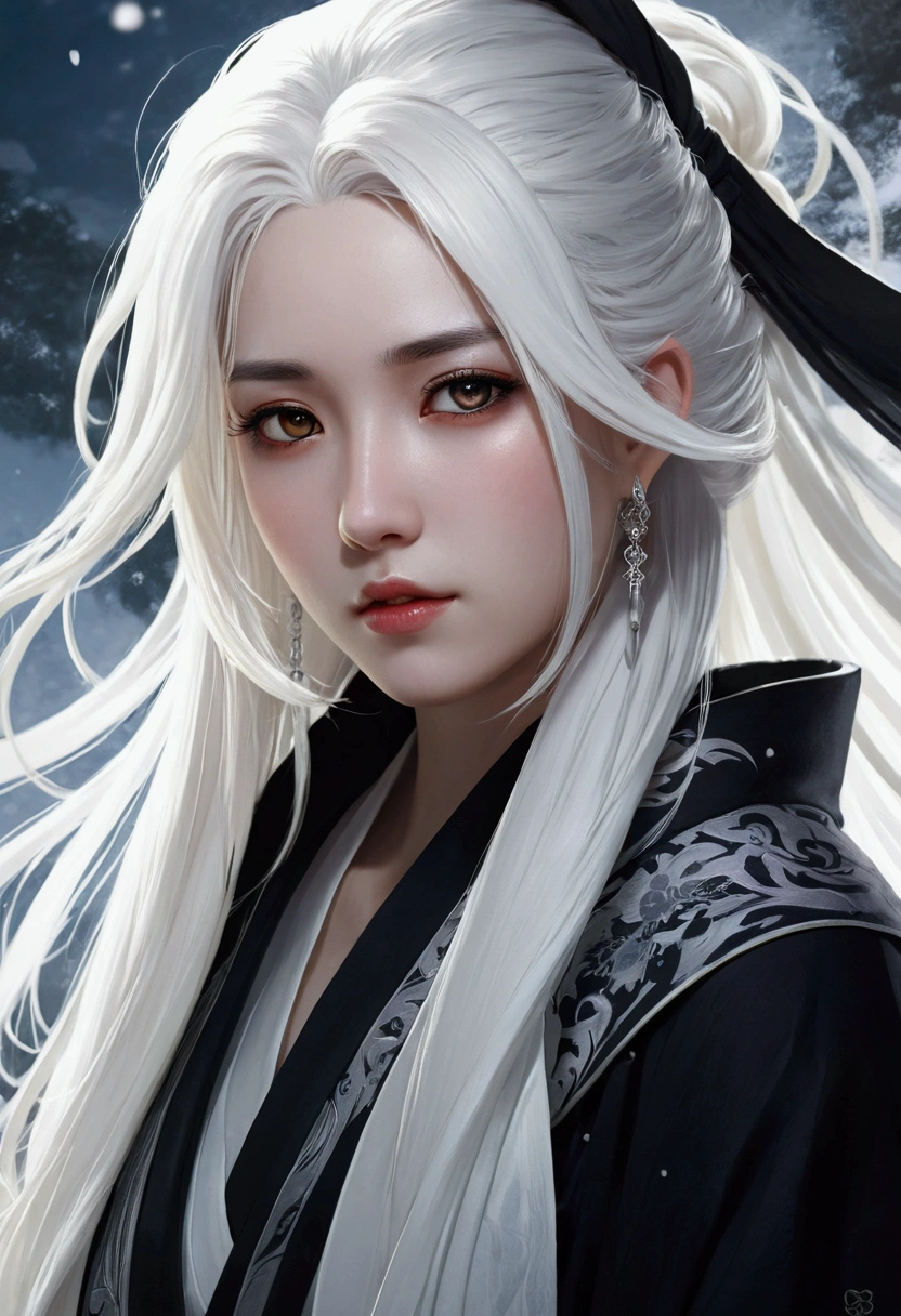 a close up of a woman with a white hair and a black scarf, a character portrait by Yang J, pixiv contest winner, fantasy art, white haired deity, beautiful character painting, artwork in the style of guweiz, the piercing stare of yuki onna, guweiz, with white long hair, with long white hair, flowing hair and long robes