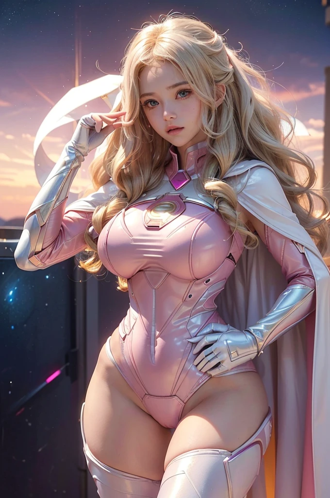 blonde, wavy hair, ((busty)), ((tight)) pink scifi suit, solar rays aesthetic, (sexy), solar angelic aesthetic, ((((shy, 18 yo), teenager, pretty face))), ((white superhero cape, sexy body shape)), ((wide hips, pale, blush))