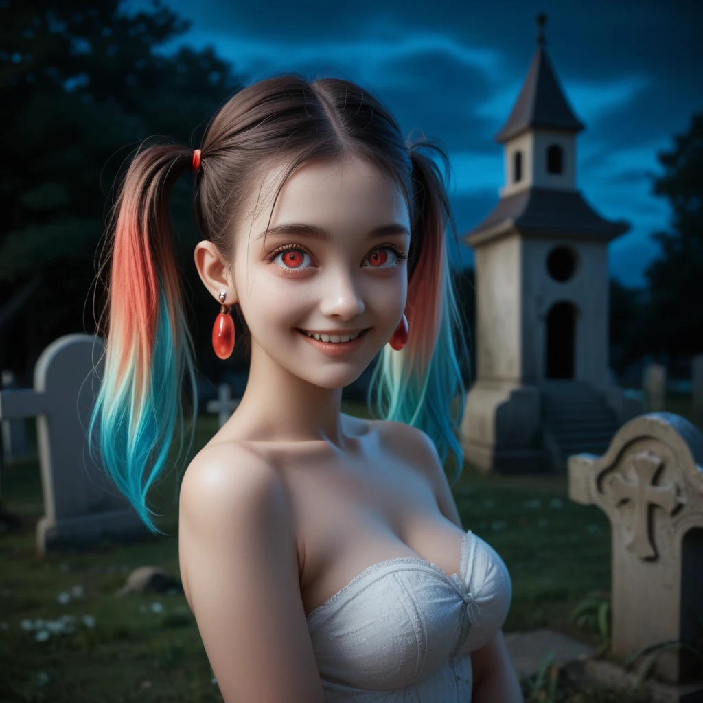 best quality, 4K wallpaper, masterpiece, extremely detailed CG unity 8k wallpaper, extremely detailed eyes, ultra-detailed, 1girl, solo, medium breasts, Ollie, zombie_skin, multicolored hair, multicolored eyes, twintail hair, earrings, style-bridal, outdoors, night, graveyard, looking at viewer, smile, standing, crossed legs, upper body,