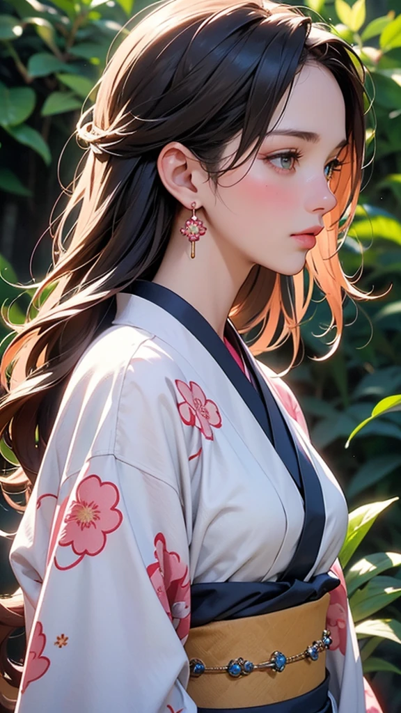 A detailed anime-style illustration. Young woman with long, straight colorful hair. Wearing a traditional, elegant kimono with intricate floral patterns. The kimono is primarily pink with red and blue floral designs and delicate lace-like details. The fabric has a shimmering, iridescent quality, reflecting light in various hues. Fair skin with a gentle blush. Intense and mysterious expression. Eyes are red, gazing thoughtfully to the side. Posing with her body slightly turned, showing her profile. Head adorned with a large flower accessory in shades of pink and orange, with green leaves. Long, dangling earrings that match the flower accessory. Overall, the appearance is graceful and captivating, with a focus on the intricate details and glowing elements of the clothing. (Top quality, 8k, masterpiece:1.2, nsfw, ultra detailed, realistic, photorealistic, highly detailed)