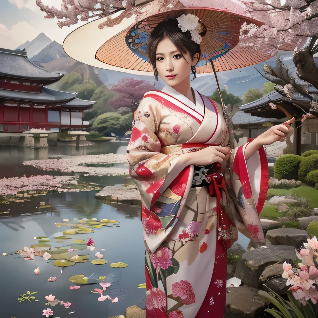 In a futuristic scene, Mechanically Enhanced Japanese Geisha、The elegance of elaborate gardens. She has beautiful delicate eyes and lips that complement her face. Geisha wear traditional kimonos with intricate patterns and designs. Around her are bright Cherry tree and a quiet pond. The scene is a mix of illustration and photorealism., Extremely detailed and clear brushwork, Vibrant colors. The lighting accentuates the geisha's elegant features, Gives porcelain skin a soft glow. The artwork is of the highest quality, 4K or 8K resolution, Showcasing the intricate details of geisha costumes, Cherry tree, . The overall color scheme is、A combination of traditional Japanese colors, crimson, wait., Black, Subtle gold accents, With a futuristic twist. The fusion of ancient traditions and modern technology、Create compelling and visually striking masterpieces.Shoulders are exposed, 胸がappear、I can see the valley、appear、Exposing shoulders、Chest exposed、(Shoulders are exposed), 胸がappear、I can see the valley、appear、Exposing shoulders、Chest exposed、(Off-the-shoulder style)