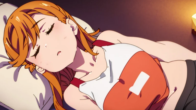  in bed sleeping body hugging pillow sleeping hugging pillow ,tightly   1girl  Yuuki Asuna , Brown hair, Brown eyes, big  breasts, Long hair, braid , white sleeveless top singlet  , tight t shirt ,braid ,no gloss matt black shorts cute  Ultra High Quality looking very shy ,Top View Of Beautiful Girl looking down  form top   showing cleavage girl sheep top singlet porn  long hair messy