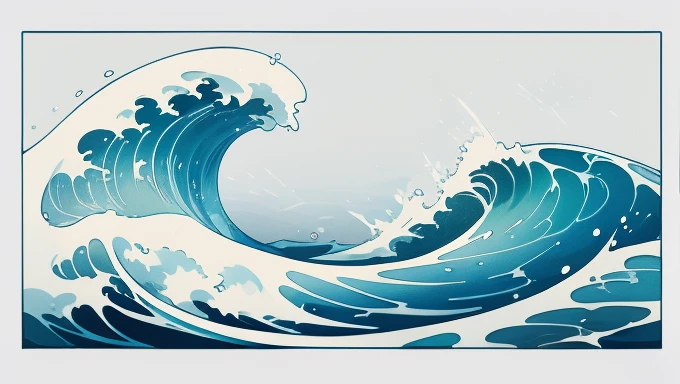 Wave design, Simple, pattern, Can draw, 美しいWave design, Japanese style、Ukiyo-e、No border、There is momentum、Monotonous colors、White background、Only waves、Directly in front of the wave as the ship crosses