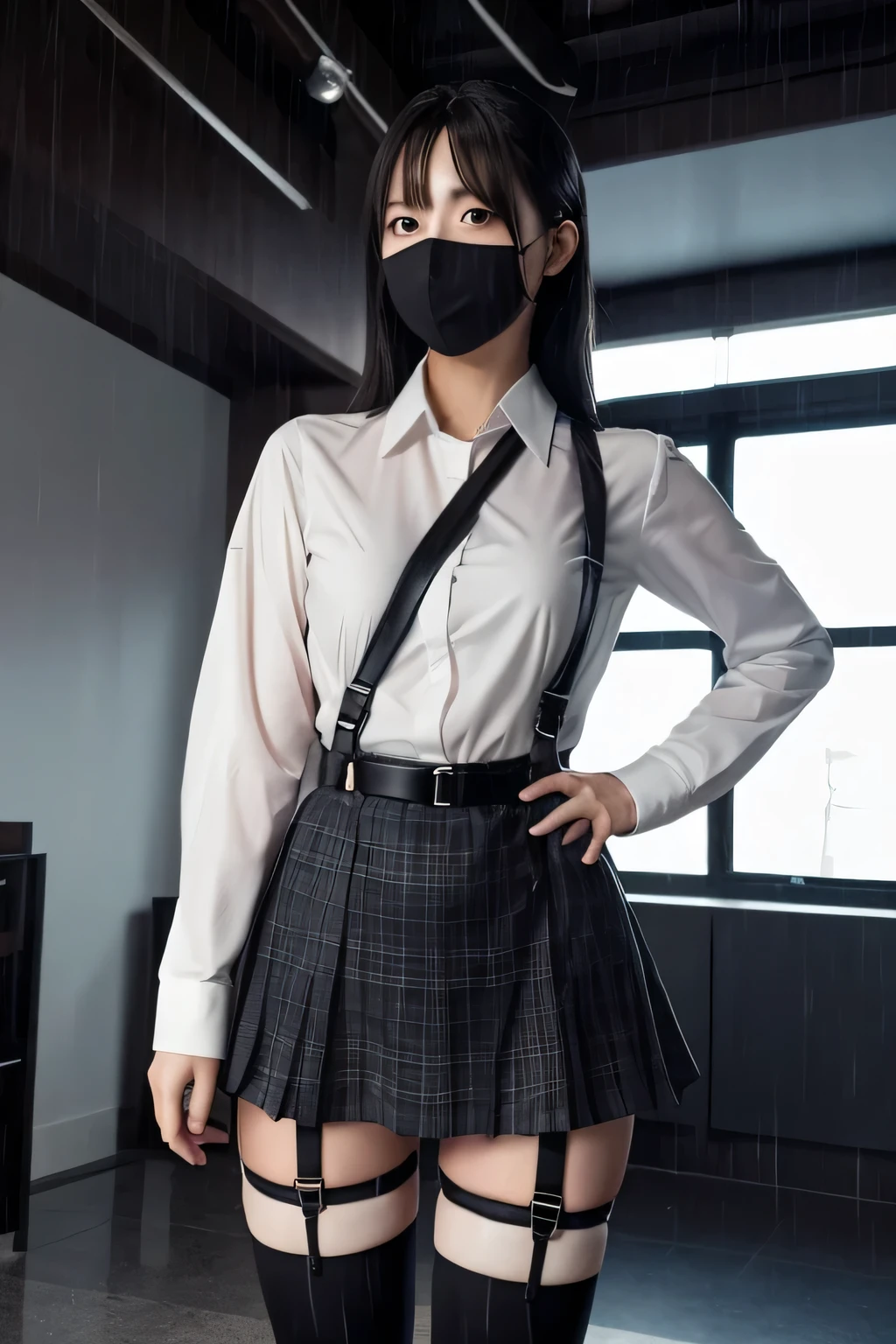 1 female, , high quality, masterpiece, Ultra-high resolution, Cinema Lighting, 1 female, , high quality, masterpiece, Ultra-high resolution, , Cinema Lighting, suspenders Moderate breasts Small face Looking up Sweat Thin belt buzzer 脇Sweat Garter belt Belt on pants holster Hands behind your back Looking up Anxious face Knee-high Knee socks Knee-highソックス garter ふとももにGarter belt Checkered mini skirt Panty shot Skirt gap Armament Leg holster holster Hands behind your back Anxious expression Anxious face, legs apart Armament Leg holster holster See-through clothing heavy rain Rain-soaked dress shirt, Black mask