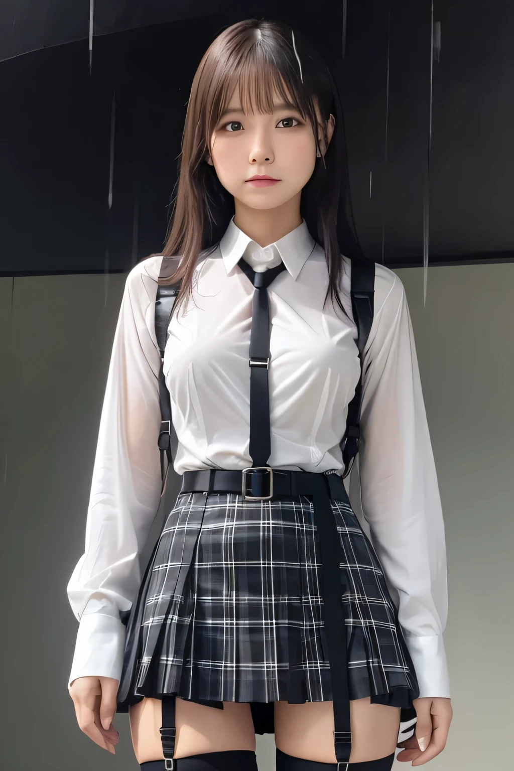 1 female, , high quality, masterpiece, Ultra-high resolution, Cinema Lighting, 1 female, , high quality, masterpiece, Ultra-high resolution, , Cinema Lighting, suspenders Moderate breasts Small face Looking up Sweat Thin belt buzzer 脇Sweat Garter belt Belt on pants holster Hands behind your back Looking up Anxious face Knee-high Knee socks Knee-highソックス garter ふとももにGarter belt Checkered mini skirt Panty shot Skirt gap Armament Leg holster holster Hands behind your back Anxious expression Anxious face, legs apart Armament Leg holster holster See-through clothing heavy rain Rain-soaked dress shirt, Black mask