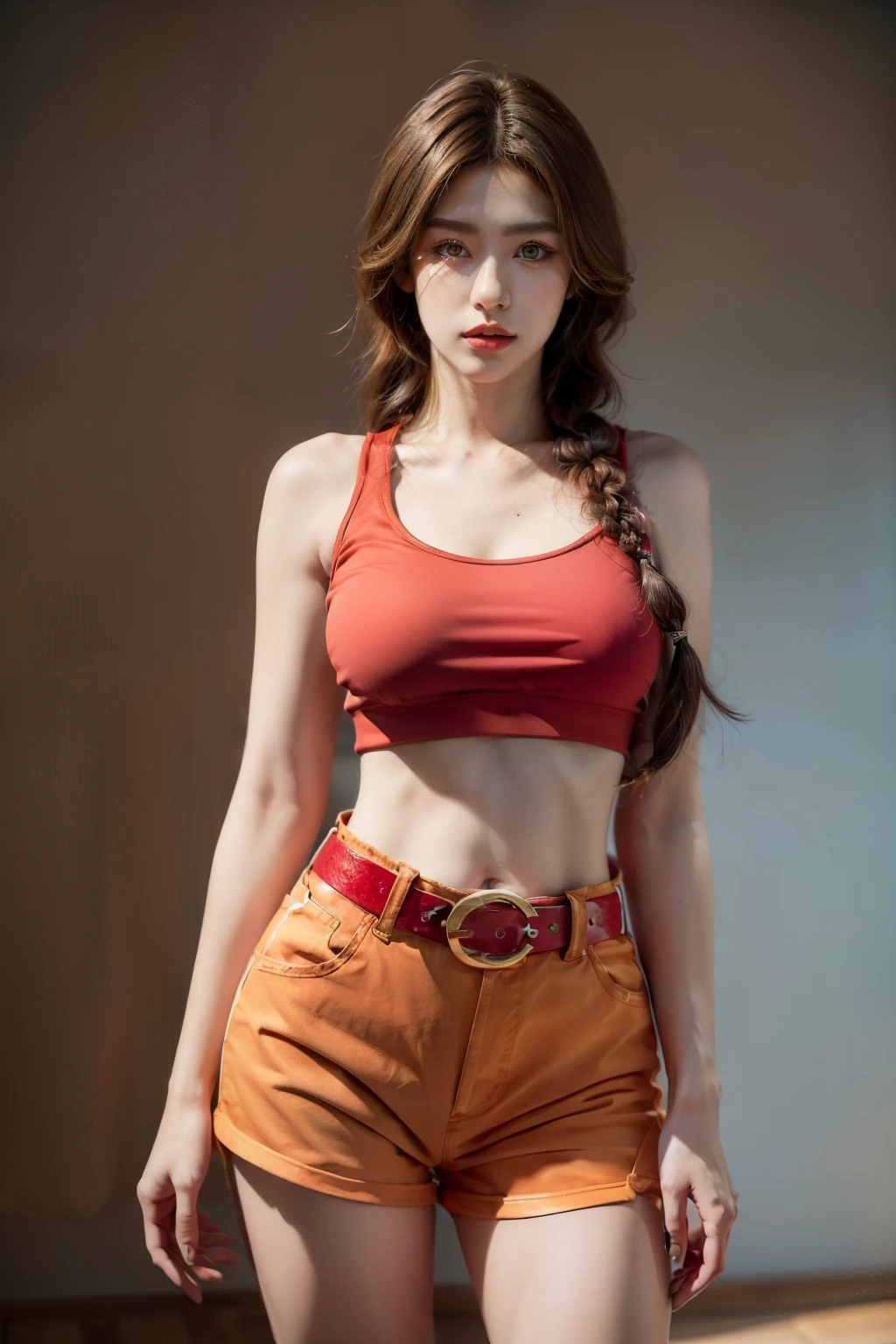 (RAW shooting, Photoreal:1.5, 8k, highest quality, masterpiece, ultra high resolution), perfect dynamic composition:1.2, Highly detailed skin and facial textures:1.2,beautiful and aesthetic:1.2, sexy beauty, perfect style, belief, Strong-willed, revenge, Fair skin, very beautiful face, (large breast, Chest gap), (beautiful eyes)(1girl, tall, long legs, navel, runny makeup, single braid:2, sleeveless, tight red top, belt:2,tight red shorts:2),(simple background:1),(knees together),(standing:1.4),(full body photo:1.4),