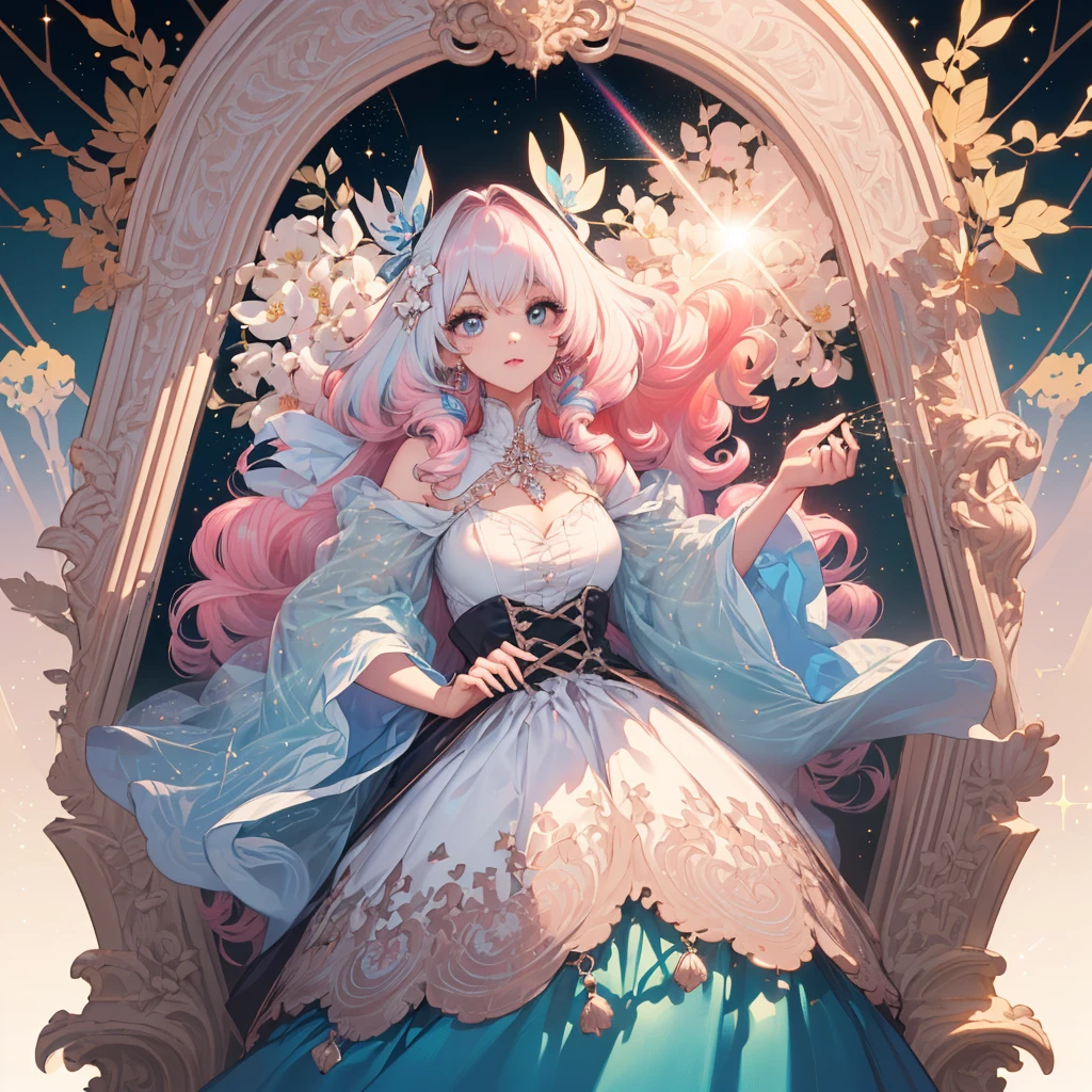 (Best Quality:1.3),4K,8K,8K Portrait,16 K,(masutepiece:1.2),1girl in,Solo,(maximalism:1.5),opal,ultra-detailliert,absurderes,(very detailed beautiful face and eyes:1.3),
(Highly detailed beautiful hair:1.3),delicate composition,(full-length figure:1.5),
Super cute girl,(long curly Hair:1.4), light Pink eyes,light blue eyes, light purple eyes,(white blonde hair:1.4),(Pink hair:1.2),(Light blue hair:1.4),(,(Jewelry Hair Ornaments:1.3),
(jewelry eyes:1.3),(Eyelashes:1.2),(symbol in eyes:1.3),(hight resolution, Twinkle,Glitter,Lens Flare,light Particle,Shining:1.3),(Cute:1.5),(clear face:1.5),(closer to viewer:1.5)